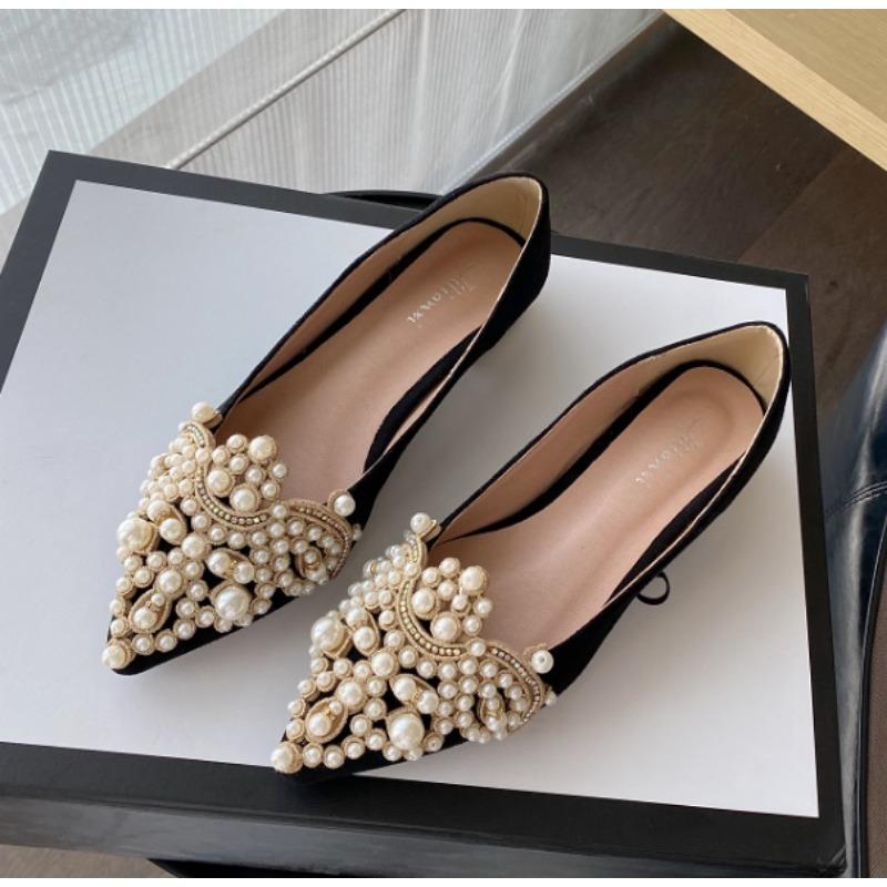 New Crown Pearl Flats Women Wedding Shoes Pointed Toe Female Dress Moccasins Low Pearl Heel Ladies Luxury Style 43