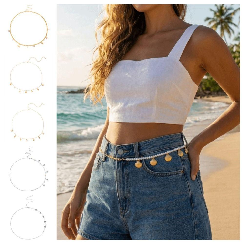 Gold Imitation Pearl Body Chain Multi-pendant Beads Belly Chain Starfish Waist Chain  Ladies