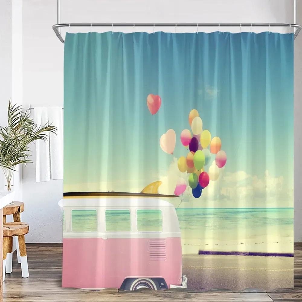 Camping Shower Curtain Camper Travel Bus Beach Coconut Tree Surfboard Outdoor Action Bathroom Decoration RV Shower Curtain