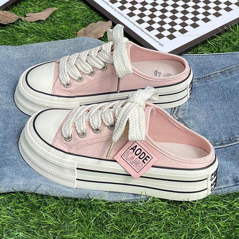 Plateau-Canvas-Schuhe Damen 2025 Sommer neu vielseitig ohne Absatz Halbschlappen Ein-Pedal weiße Schuhe Freizeitschuhe