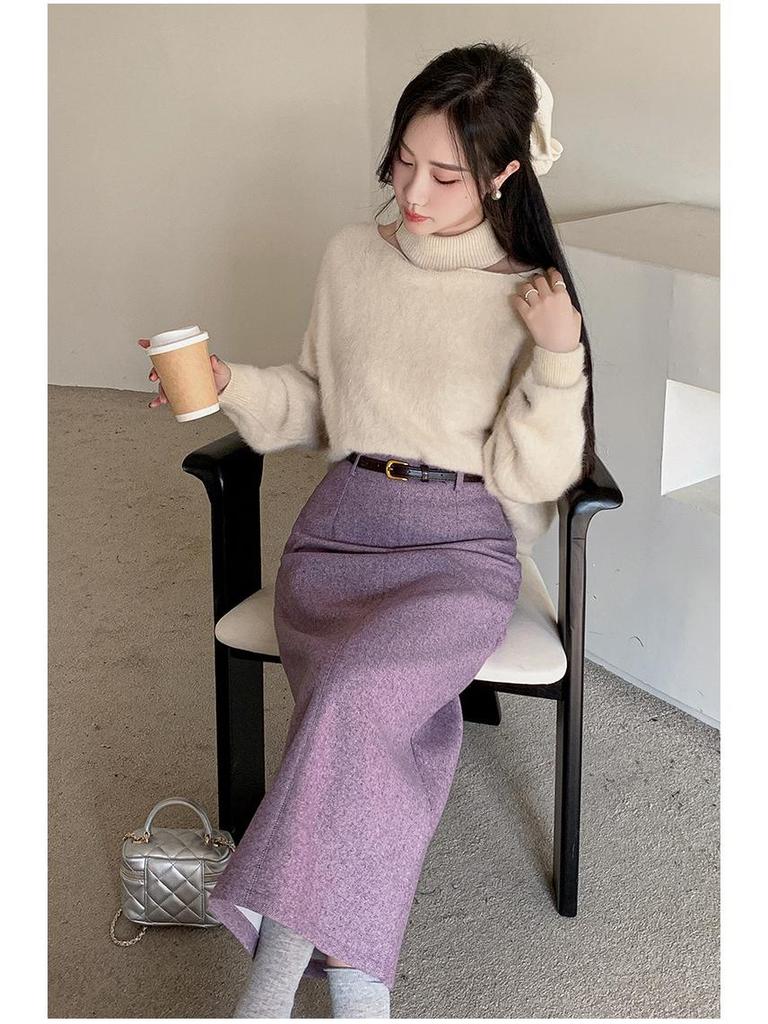 Women's Taro Purple Wool High Waist Slimming Mid-Length Skirt - Autumn/Winter 2025