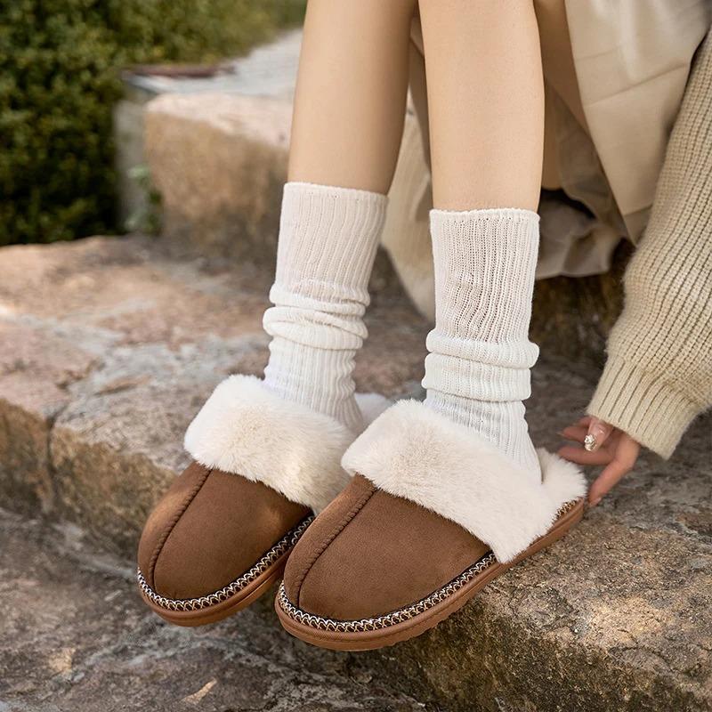 Smile Pop Winter Fur Cotton Slippers For Women Soft Comfort Fuzzy Bedroom Slides Faux Fur Warm Plush Shoes Fluffy House Slippers