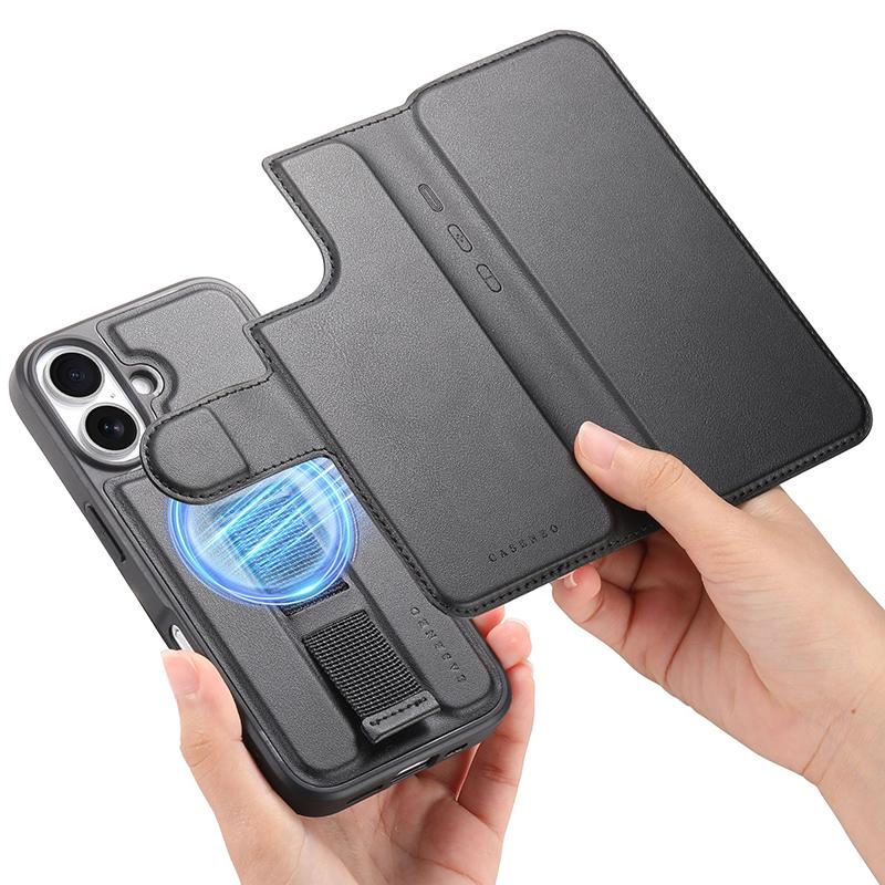 Leather Wallet Case for IPhone 17 Pro Air 15 14 13 12 16 Pro Max Plus Magsafe Case 2 in 1 Detachable Magnetic Flip Cover Holder For iPhone 17 чёрный