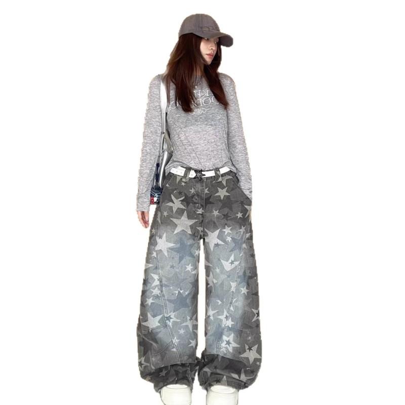 Unisex Retro Star Print Camo Denim Pants High-Waisted Wide Leg Straight Fit Loose Cargo Style Jeans