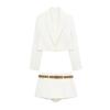 Damski wiosenny biały garnitur casualowy 2024: Krótka kurtka + Spódnico-spodnie z paskiem