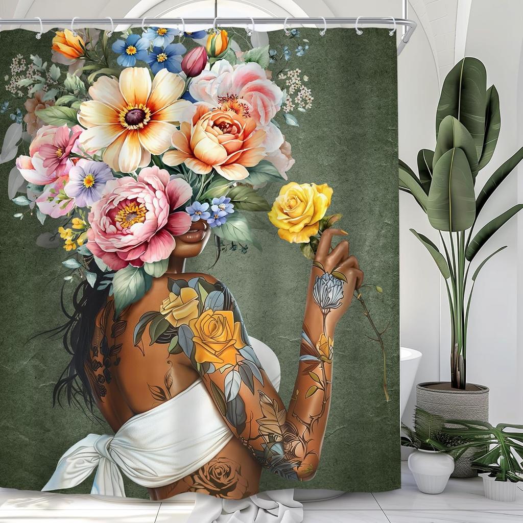African American Shower Curtain, Black Gold Peony Floral, Modern Girly Quotes, Waterproof Polyester with Hooks