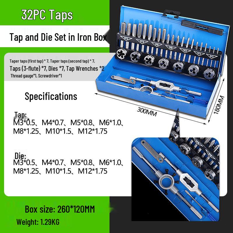 Complete Metric & Imperial Taper Tap and Die Set with Wrench & Round Die Holder