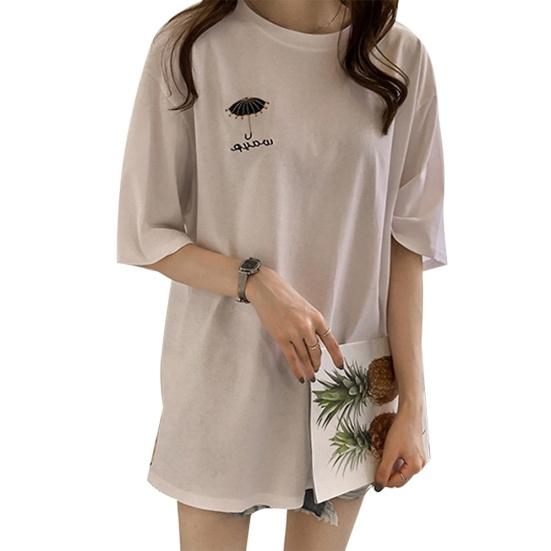 Damski T-shirt z krótkim rękawem z haftem parasola, z okrągłym dekoltem, oversize, top, długa bluzka