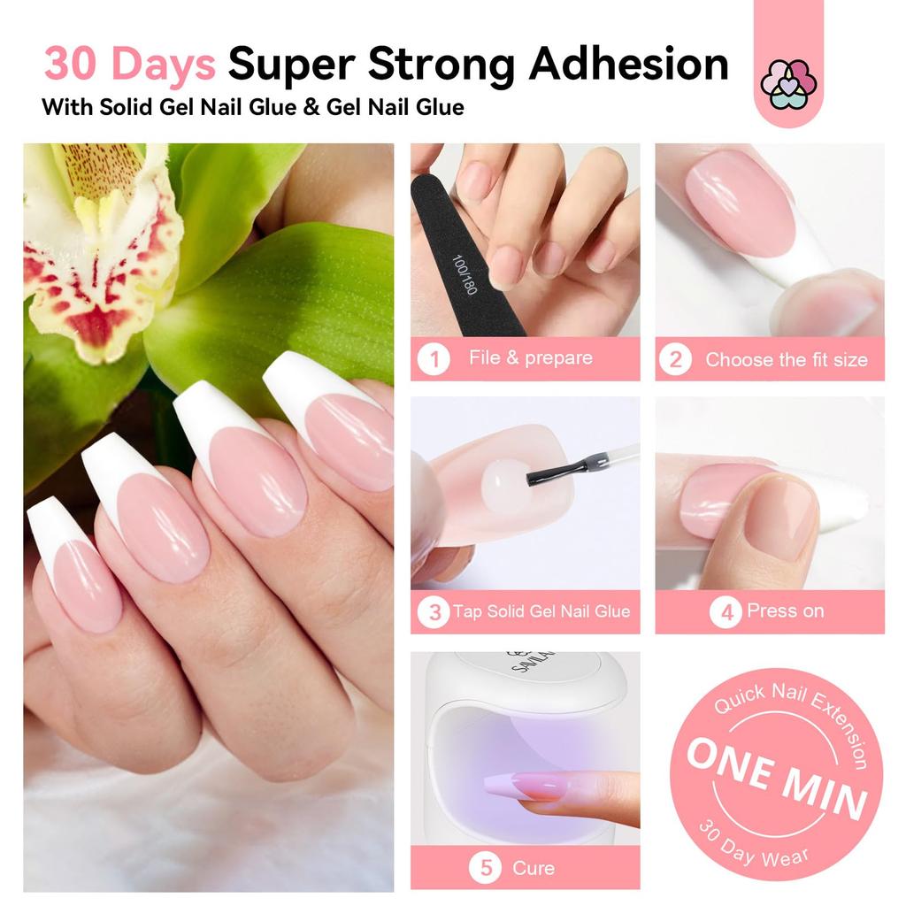 Saviland Nail Everlasting Gel Nail Pink Medium Coffin Nail Full Soft Gel Fake Solid Nail Glue UV Nail French Tip Home DIY 256-Piece Press-On Kit