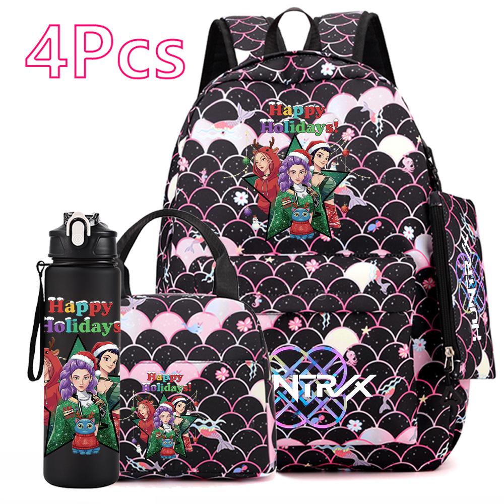 4Pcs/set Christmas Kpop Printed Backpack with Handbag Pencil Case 750Ml Water Bottler for Teenager Boy Girl Large Capacity Bookbag Schoolbag Kid Gift