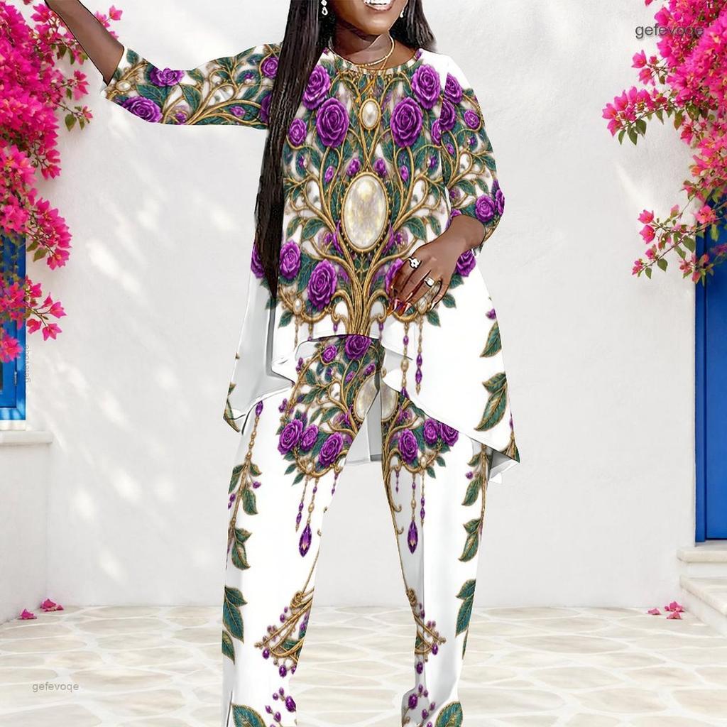 Women Plus Size Round Neck Long Sleeve Printed Irregular Top And Long Pants Two Piece Set