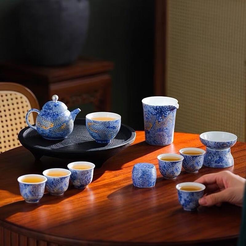 

11-Piece Hand-Painted Cloisonné Enamel Silver Dragon Kung Fu Tea Set