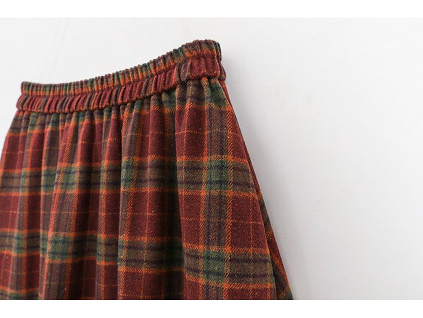 Women's Retro Plaid Wool Blend Midi Skirt - High Waist A-line with Double Pockets for Autumn/Winter