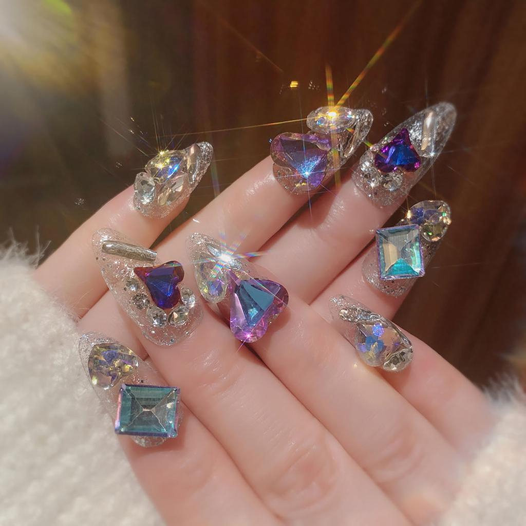24pcs New Year Heavy Metal Press On Nails Chinese Bride Wedding Fake Nails Full Cover Wearable Shiny Large Crystal False Nails