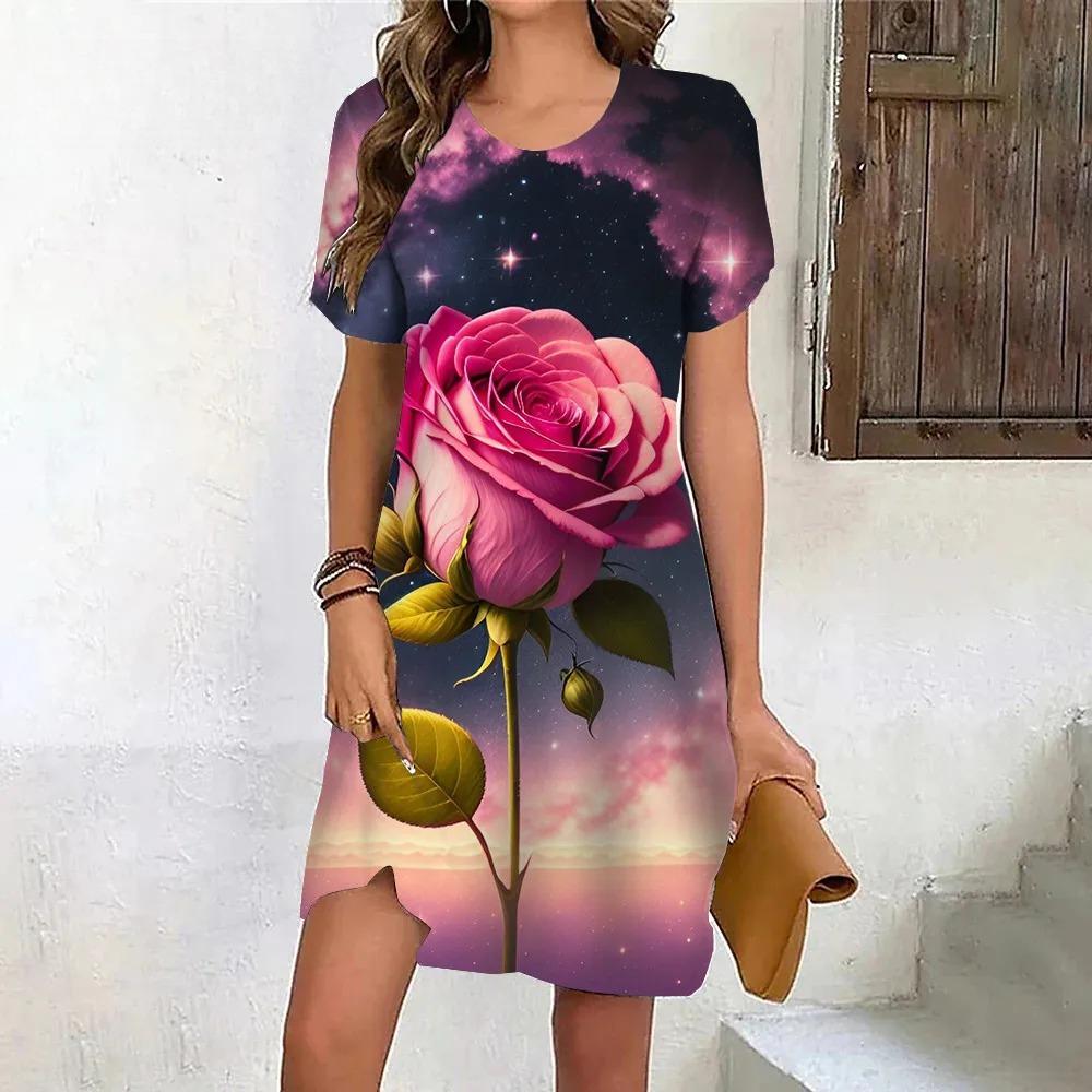 New Summer Beach Party Dresses For Women Vintage Tie Dye Red Rose Flower Print Dress Short Sleeve Pullover Loose Plus Size Dress