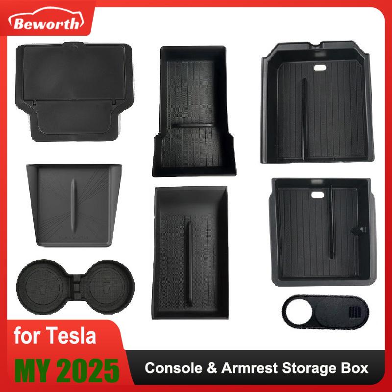 For Tesla New Model Y YL Juniper 2025 2026 Launch Console Armrest Upper Lower ABS Silicone Storage Box Cup Holder Camera Cover