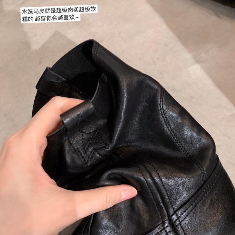 Cowhide version~ Horse leather pointed round head V-mouth locomotive boots women's thick heel western cowboy boots stacked short boots