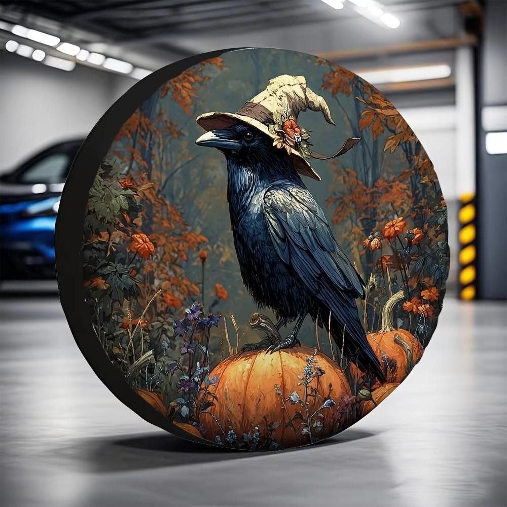 Crow Witch Hat Pumpkin Halloween Spare Tire Cover Polyester Universal for Vehicle Travel