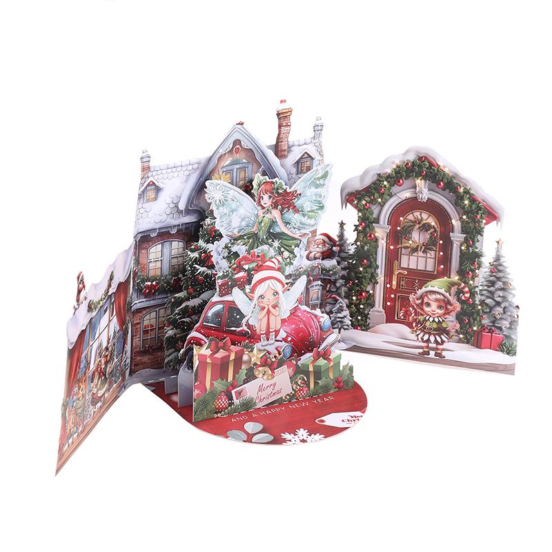 3D Julkort Julaftons Scen Med Jultomten, Flicka, Snöig By Festligt Julhälsningskort