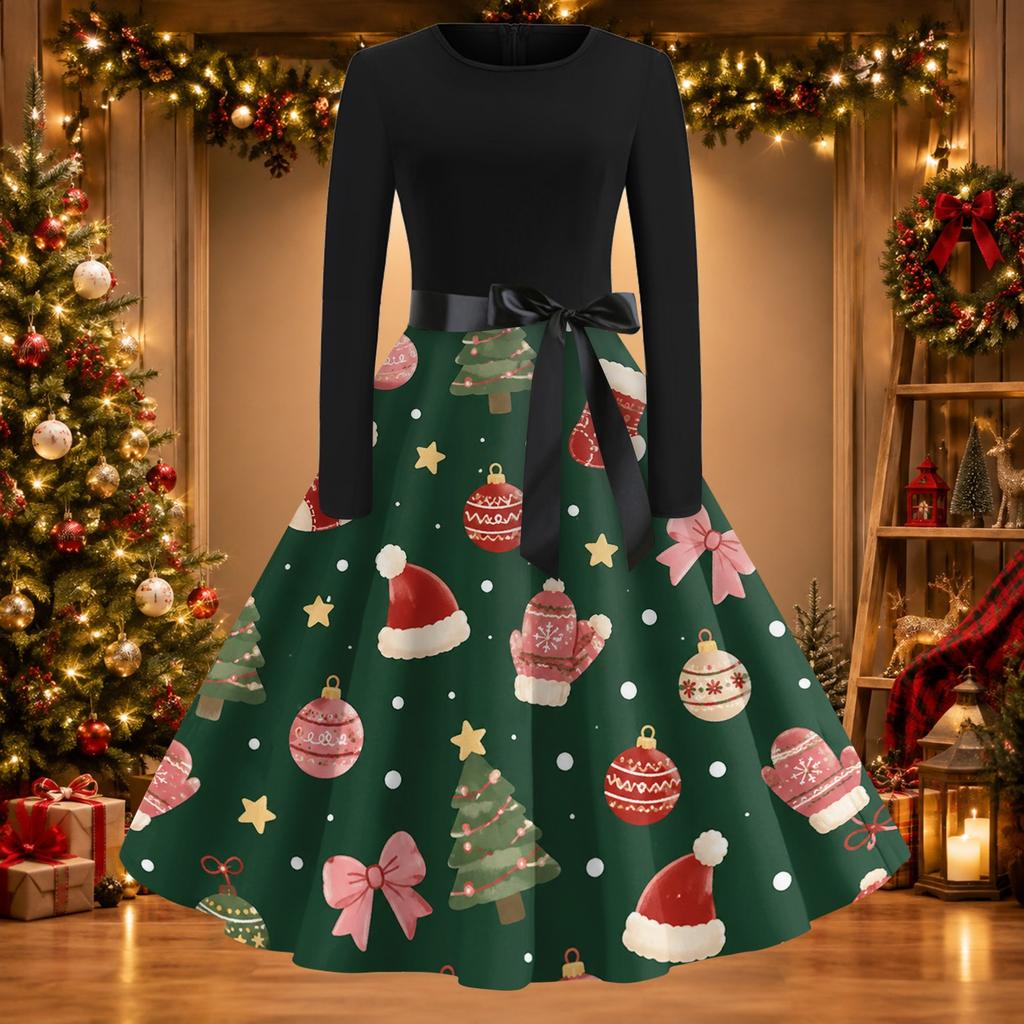 Women's Casual Slim Fit Long Sleeve Round Neck Flared Dress with Christmas Print