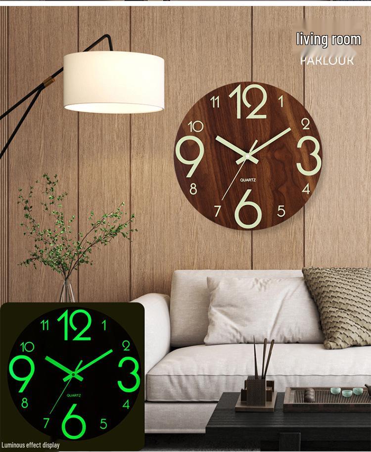 8" Silent Luminous Wall Clock, Wood Grain MDF, Fluorescent Quartz Clock