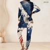 Women Plus Size Navy Blue Fireworks Printed Round Neck Long Sleeve Longline Top Fitted Pants Two Piece Set