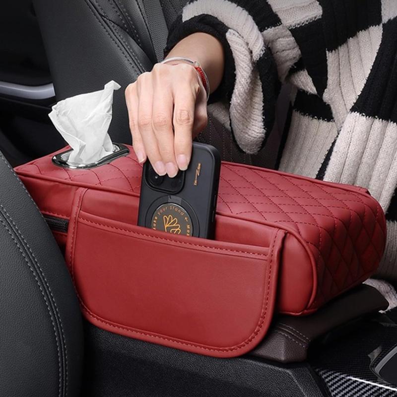 

Car Armrest Box Cushion Pad PU Leather Tissue Holder Box with Side Pockets Grey