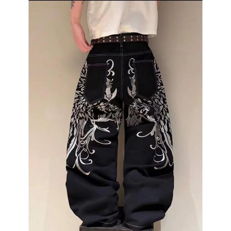 High-Waisted Wide-Leg Embroidered Denim Jeans Men Streetwear Casual Straight Fit