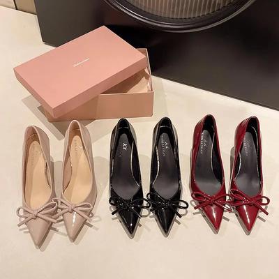 Sweet Bowknot Decoration Patent Leather Slip On Pumps Women 2025 Autumn Pointed Toe High Heel Pumps Fashion Party Dress Shoes
