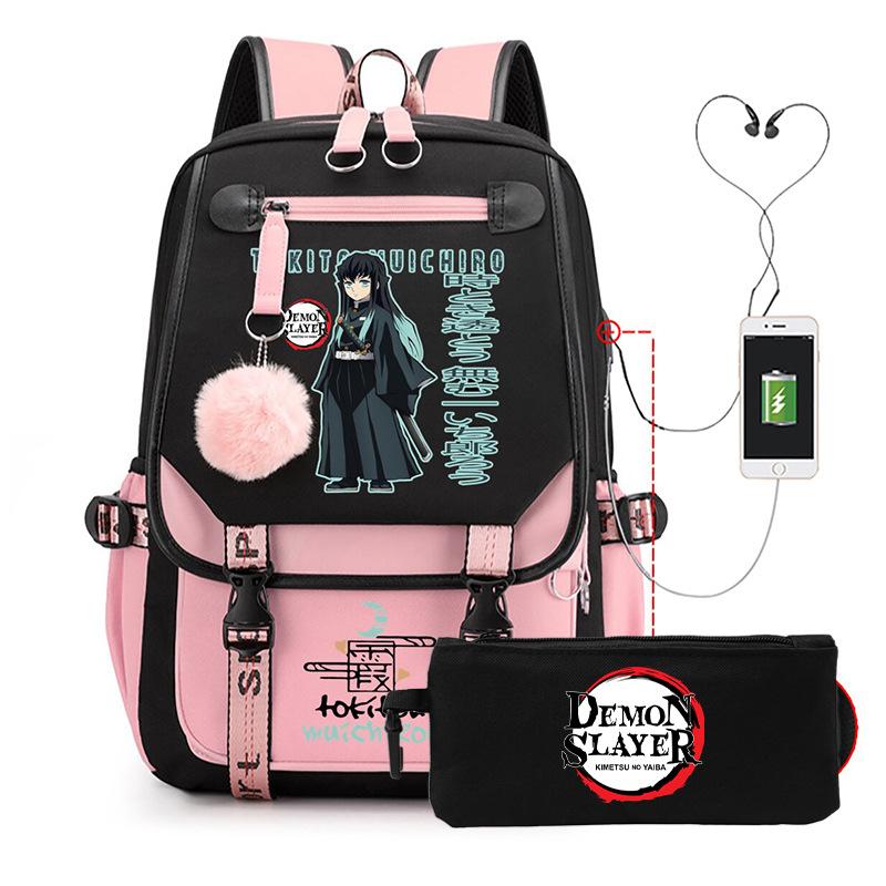 Casual Korean version schoolbag ghost extermination animation two-dimensional trend boys and girls USB backpack two-piece set