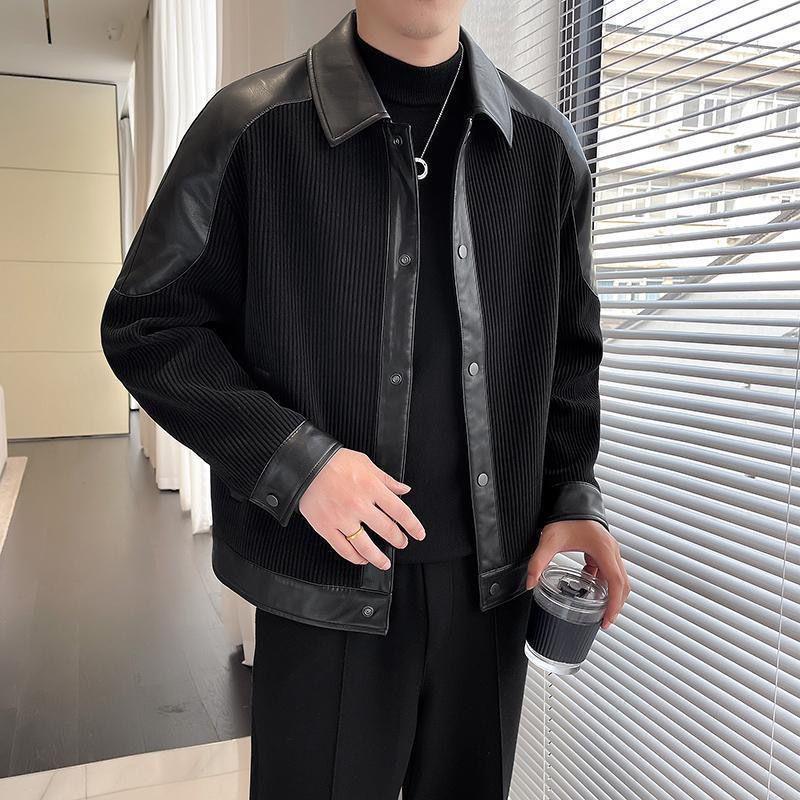 Men's Trendy Korean-Style Lapel Jacket: Soft PU & Corduroy, Autumn/Winter, Versatile Outerwear