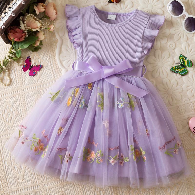 Summer Girl Flower Embroidered Mesh Dress With Bow For Toddler Girls