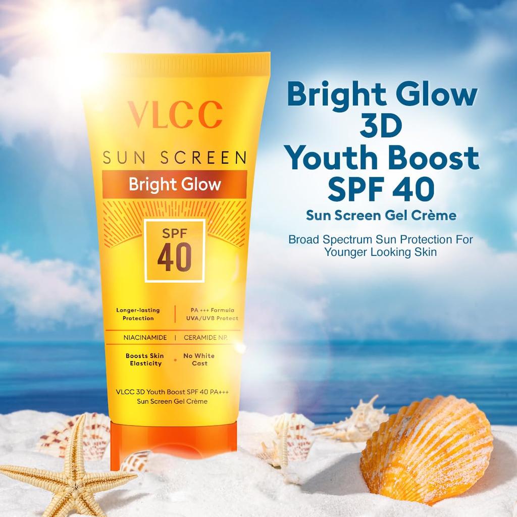VLCC 3D Youth Boost SPF 40 Sunscreen Bright glow  Gel Cream 50g Pack of 1 Non-Greasy Zero White Cast