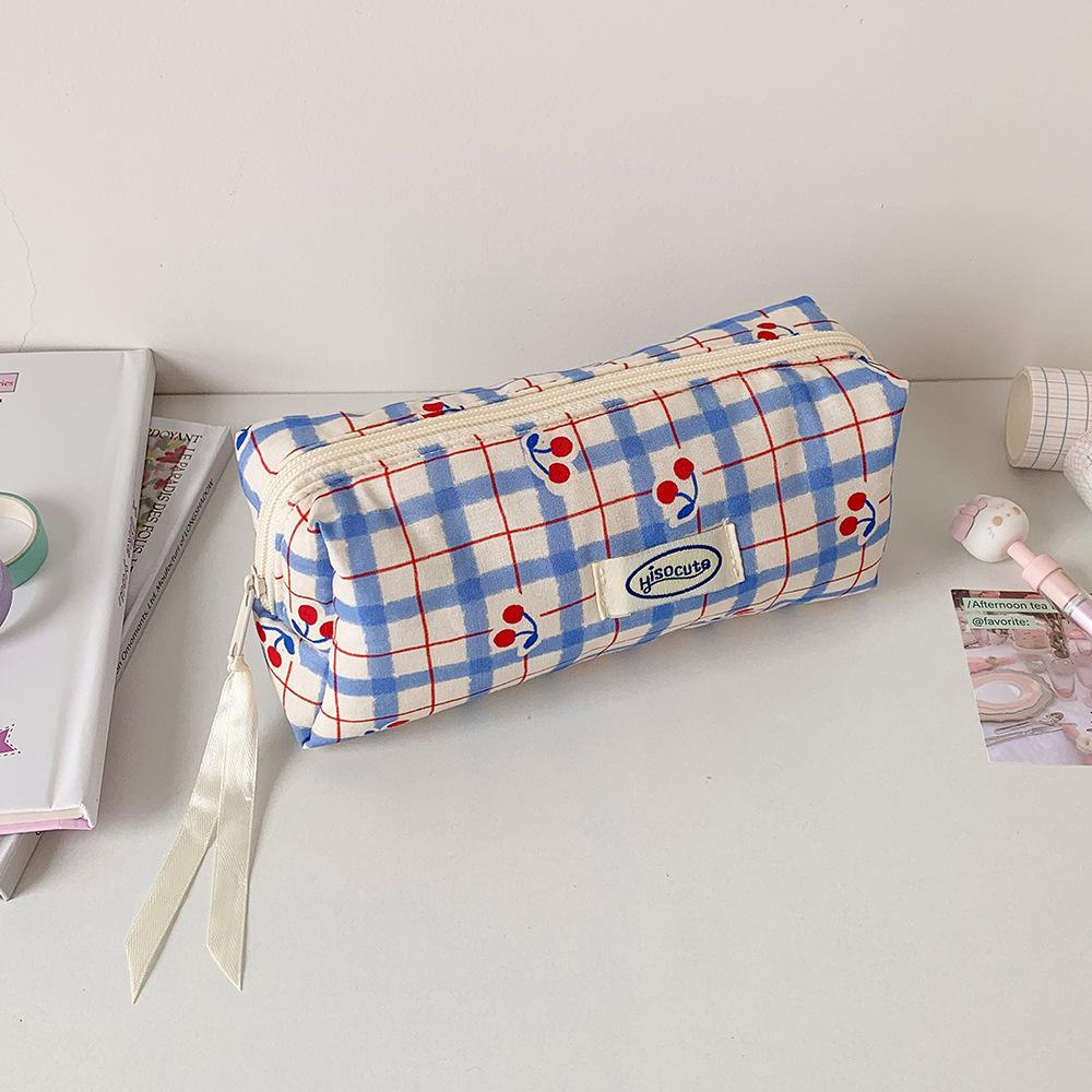 Cartoon Plaid Pencil Case Girls' Stationery Storage Bag Student High-value Pencil Case Makeup Bag