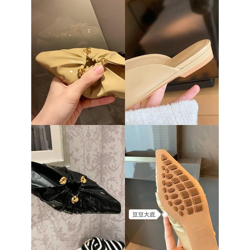 Sheepskin version triangular buckle cool slippers women's hollow pointed tip pleated baotou half slippers
