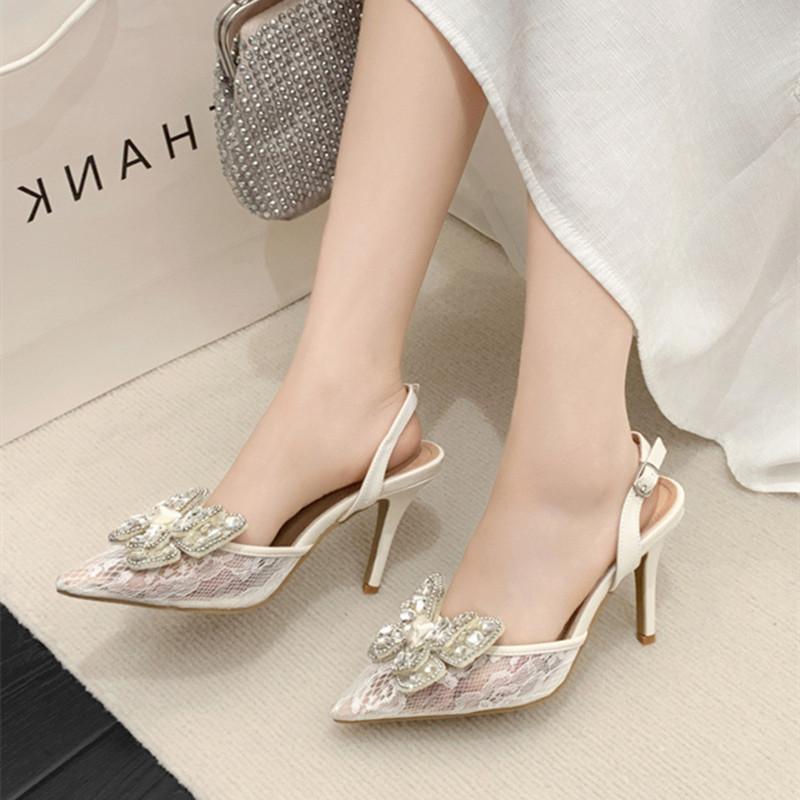 Fashion Luxury Rhinestone Bow Brand High Heels Women Sweet Lace Pointed Toe Buckle Slingback Designer Shoes Elegant Wedding Bridal Shoes