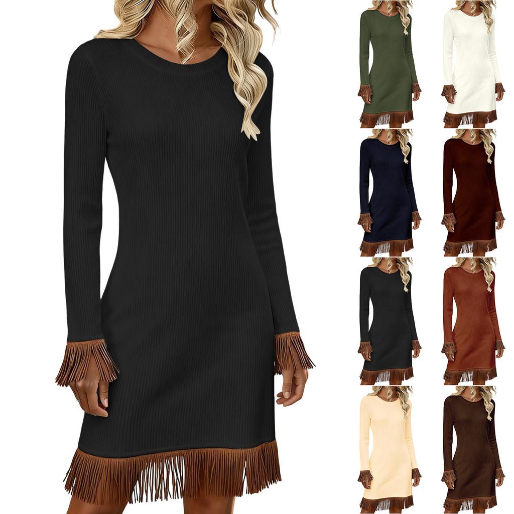 Women's Fashion Round Neck Knit Slim-Fit Fringe Casual Long-Sleeve Dress
