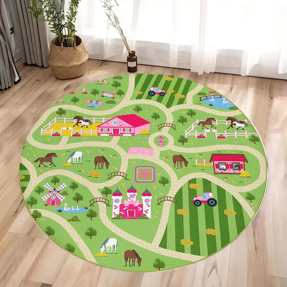 Traffic Road Kids Play Round Rug Educational Theme Children's Crawling Floormat Absorbent Soft Home Decor Carpet
