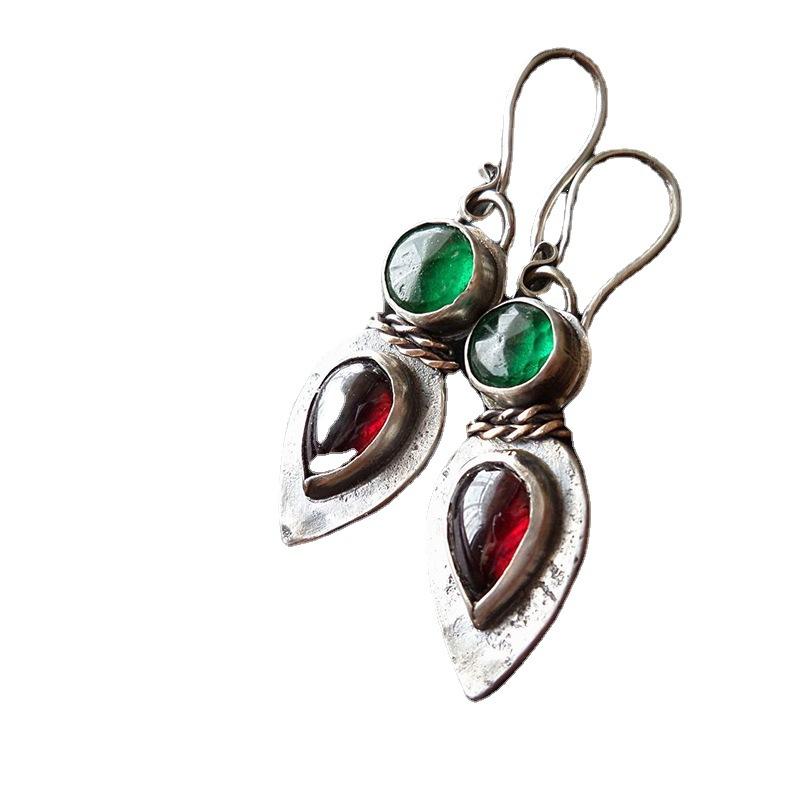 Geometrically Minimalist Circular Water Droplets with Red and Green Inlaid Vintage Earrings