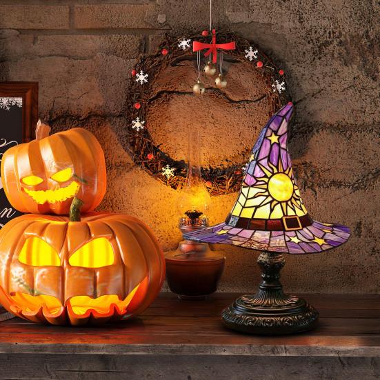Witch Hat Lamp Stained Glass Resin Wizard Hat Light Spooky Gothic Table Lamp Decorative Standing Light for Indoor Party Haunted Halloween Bedroom