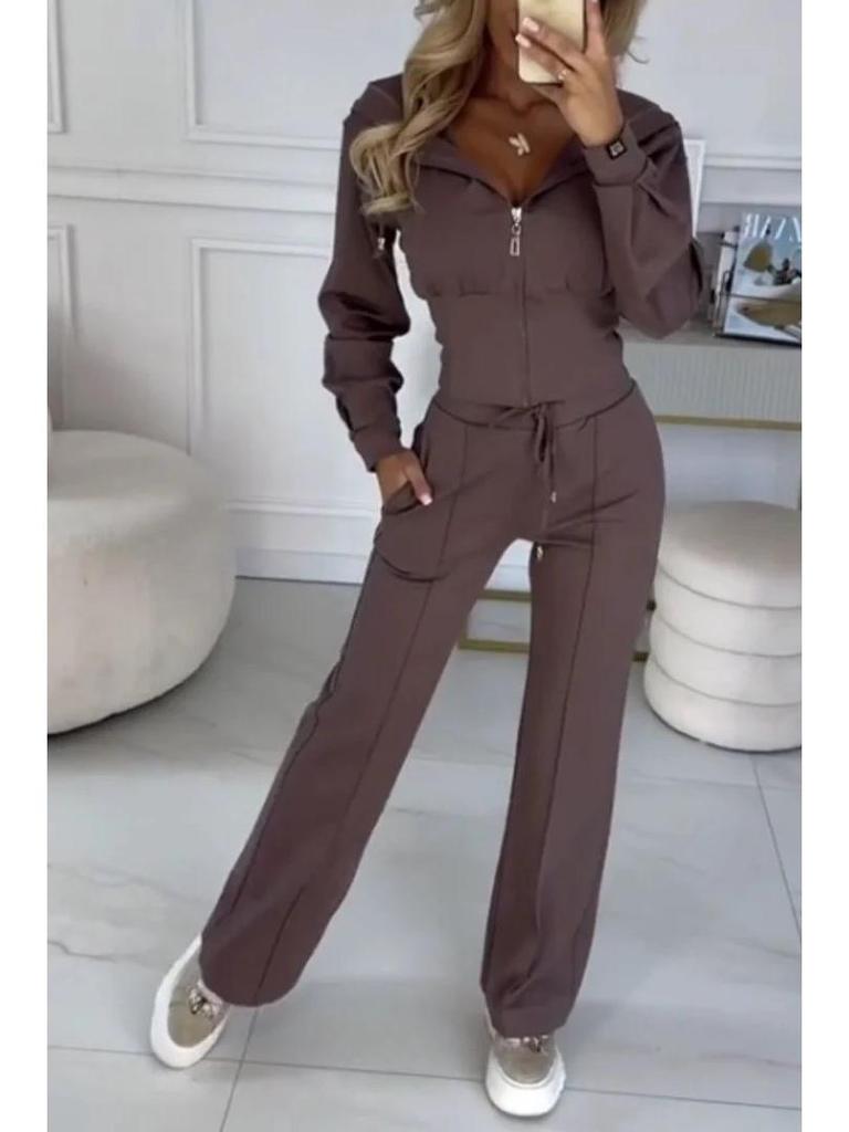 2024 European & American Autumn/Winter Solid Color Hooded Zipper Jacket & Bodycon Two-Piece Set