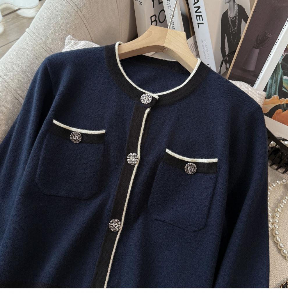 Luxurious Dark Blue Knit Cardigan & Wide-Leg Pants Set for Fall/Winter - Elegant & Slimming Two-Piece Fashion Ensemble