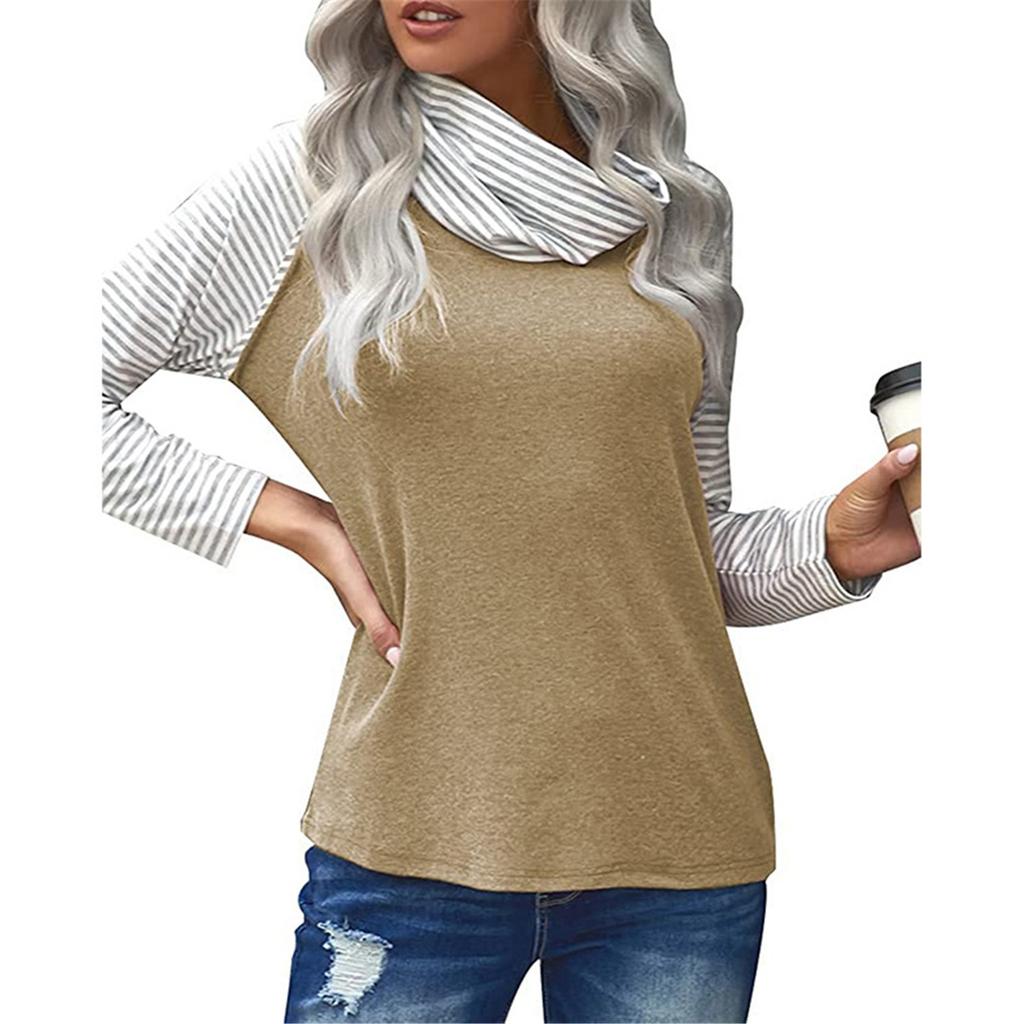 Women's Fashion Striped High Neck Color Blocking Women's Long Sleeve T-Shirt Top