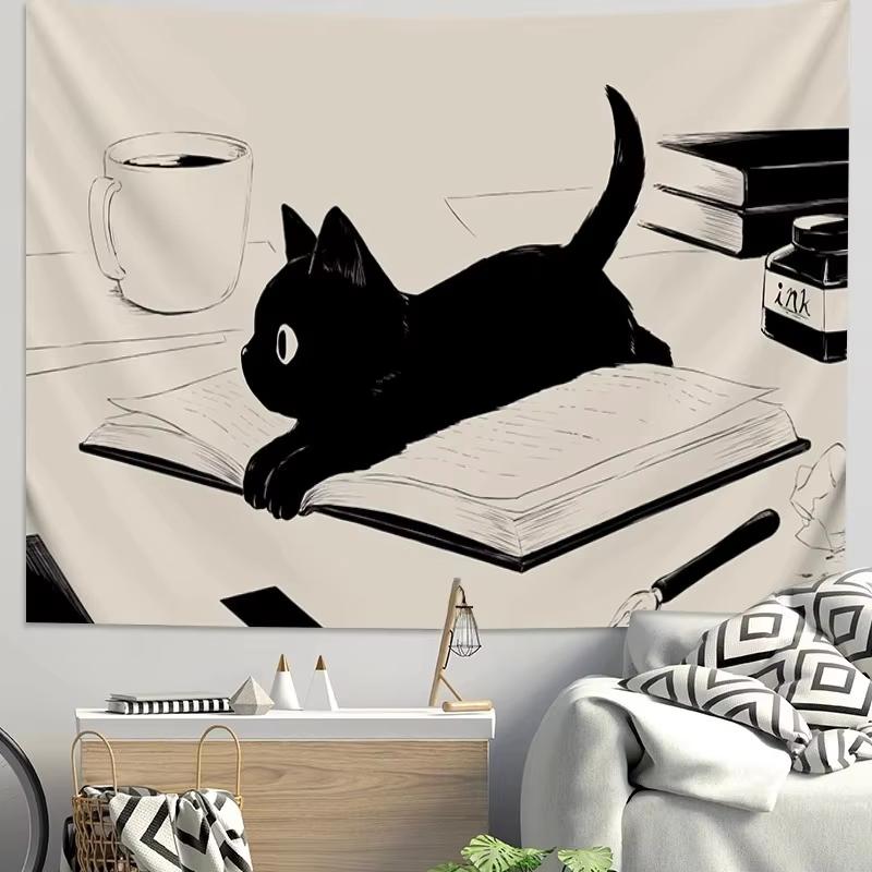 VIKAMA Healing Cat Wall Hanging Black Cat Peeking Out of Teacup Design Bedroom Living Room Feature Wall Decor