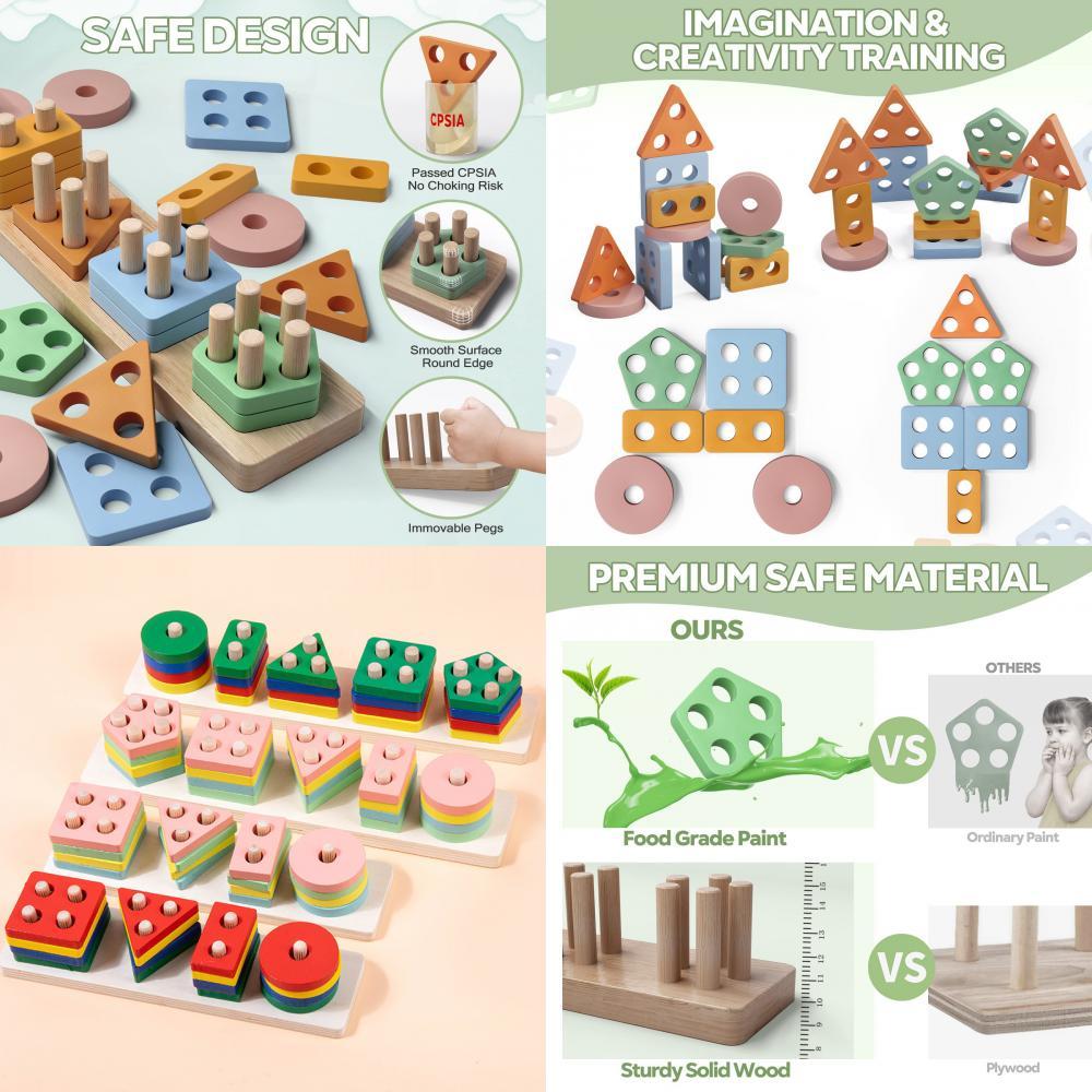 Wooden Geometric Shape Sorting Stacking Early Education Toy For Toddlers Color Recognition And Cognitive Development