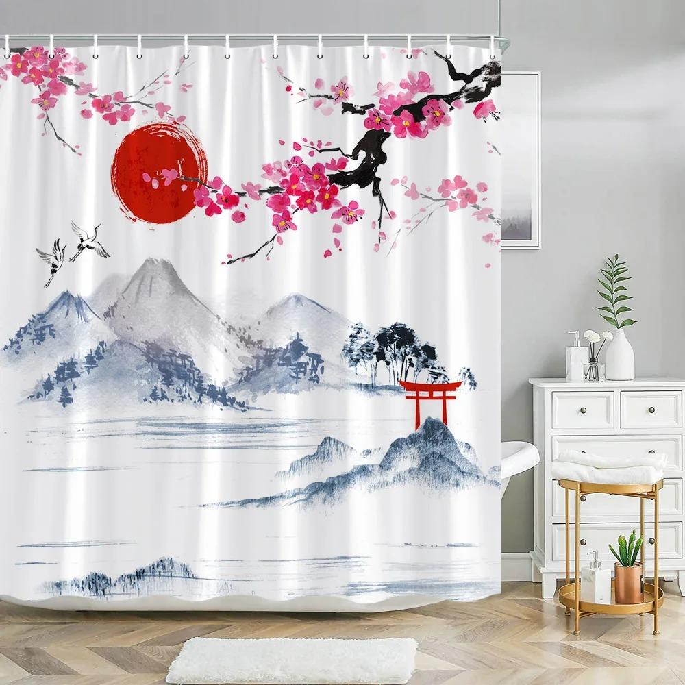 Chinese Landscape Landscape painting Shower Curtain Ink Painting Landscape Polyester Fabric Washable Bath Curtain Bathroom Decor