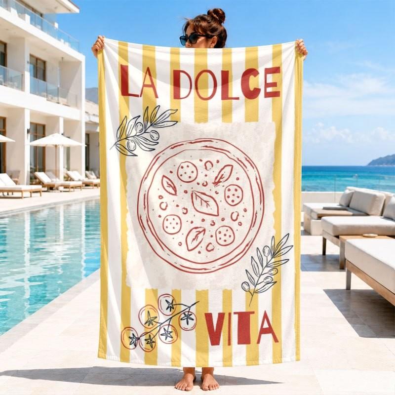 Mint White Vertical Stripe La Dolce Vita Lemon Script Print Microfiber Quick Dry Beach Towel Italian Coastal Holiday Bath Towel
