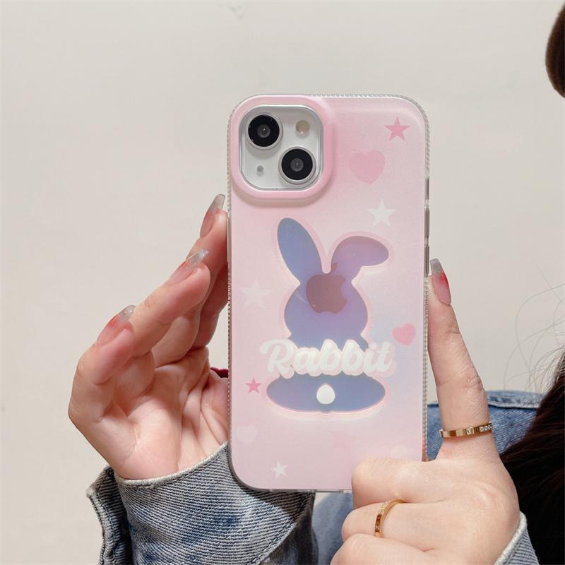 Schöne rosa Kaninchen-Hülle für iPhone 13 11 12 14 Pro Max 14 Plus süße Hasen-Laser-Telefonabdeckung Capa