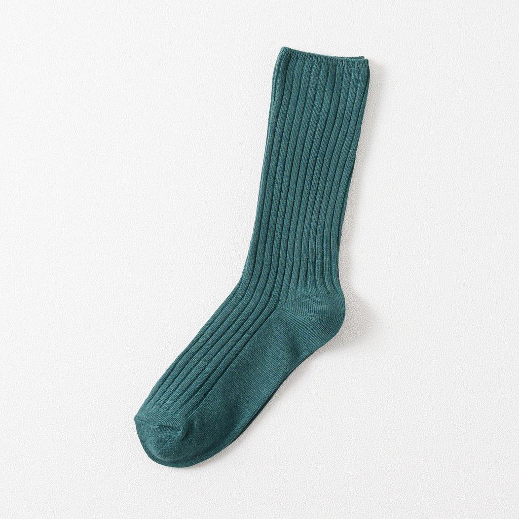 Autumn & Winter Women's Ribbed Cotton Mid-Calf Socks - Japanese Style, Solid Color, Double Needle.
