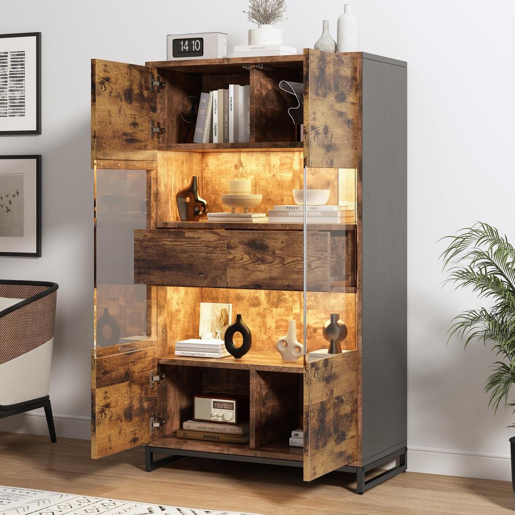 Transparent Display Cabinet Bookcase 2 Doors & 2 Drawers, Highboard Display Cabinet Wine Cabinets Living Room Dining Room Office, Vintage Brown